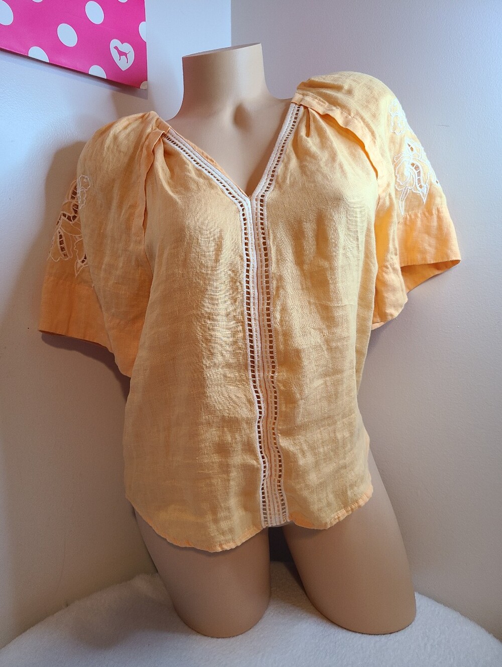 Elie Tahari 100% Linen Eyelet Embroidered Short Sleeve Top Size XS